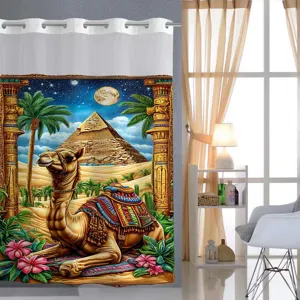 Exquisite Egyptian desert pyramid and camel pattern shower curtain scene detail display.