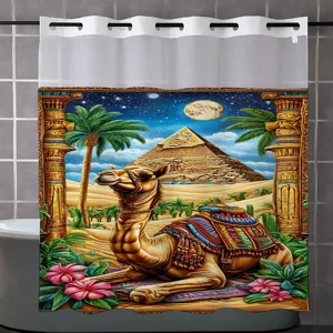 Egyptian desert camel print shower curtain detail featuring pyramid and palm tree artwork.