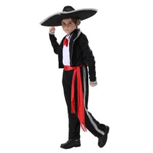 Kids Mexican Mariachi costume set includes black suit, hat, red sash for party performance.