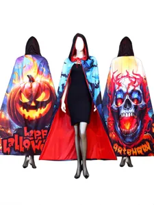 Cape à capuche d'Halloween avec imprimé citrouille et crâne pour costume de fête vue.