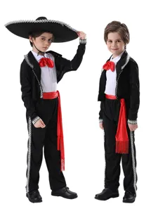 Kids traditional Mexican Mariachi costume set with hat jacket shirt pants for party show.