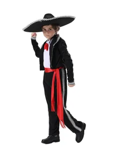 Kids Mexican Mariachi costume set with black jacket pants red sash and sombrero hat.