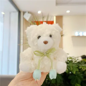 Cute white plush bear pendant with green ribbon and blue tulip charms for bags keys.