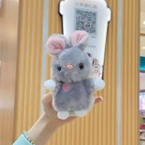 cute grey plush bunny rabbit doll keychain fluffy stuffed animal toy detail close-up