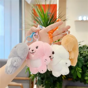 Cute plush puppy keychain multi-color set, soft toy pendant detail display for bags and gifts.