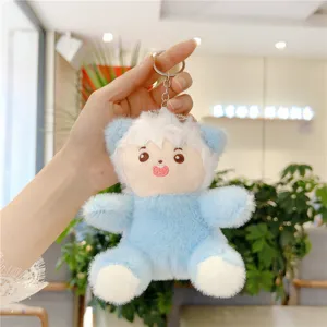 Cute blue and white plush sheep keychain, soft stuffed animal bag pendant accessory.
