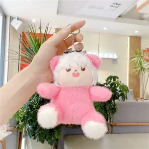 Cute plush doll keychain soft toy pink animal bag charm fluffy pendant for car keys.