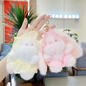 Süßer Plüsch Kaninchen Schlüsselanhänger mit Spitzenkleid, flauschige Plüschtier Tasche Deko.