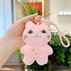Cute Japanese style pink cat plush toy keychain, soft plush with fish design, nice bag pendant.