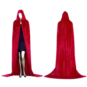 Red velvet hooded cloak detail, long costume cape for Halloween cosplay and holiday dress up.