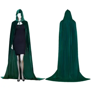 Dark green velvet hooded cloak cape for Halloween cosplay party, long gothic costume outfit.
