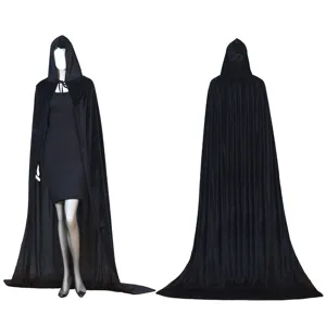 Black velvet hooded cloak for Halloween, long vampire cape costume for adult role play.