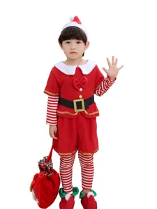 Kids Christmas elf costume set with hat, top, shorts, striped leggings and cute small bag.