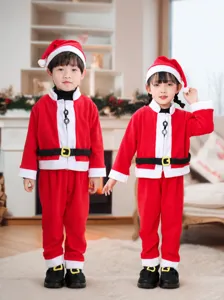 Childrens Christmas Santa Costume Fleece Top And Bottom Hat Set Holiday Party Dress Up Outfit Winter Warm Clothing