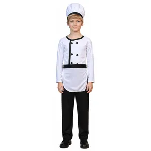 Kinder Kochkostüm Detail, weiße Langarmjacke mit schwarzen Knöpfen und Hose für Fest.