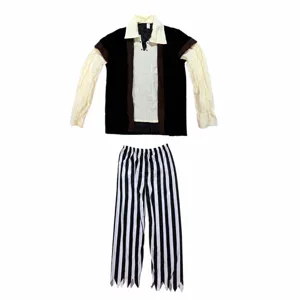 Ensemble de costume de pirate d'Halloween pour enfants avec haut et pantalon rayé et mesures.