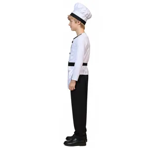 Seitenansicht des Kinderkochkostüm-Details mit weißer Jacke, schwarzem Besatz und Hosen.