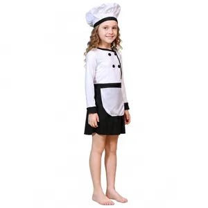 Kids chef costume detail view showing white top black skirt apron and cute hat for baking role play.
