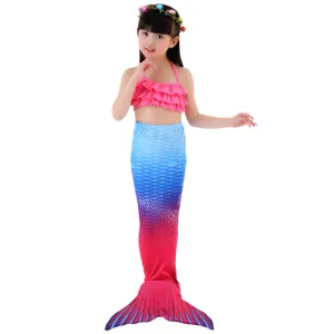 Kids mermaid swimsuit set, pink ruffle bikini top with gradient fish tail skirt for girls.