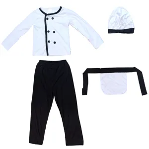 Kinder Jungen Koch Kostüm Set mit weißem Oberteil, schwarzer Hose, Mütze und Schürze für Rollenspiel.