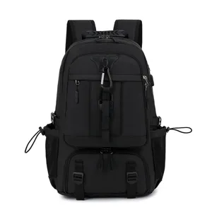 Black multi-functional business backpack for men, ideal for commute, travel, and laptop storage.