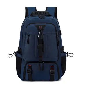 Detailed view of dark blue multi-pocket business backpack, durable daily commute accessory.