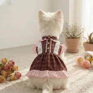 Lindo vestido de otoño invierno a cuadros con encaje para perros gatos detalle cozy