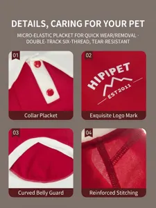 Close up view of dog hoodie collar, logo print and sturdy stitching details in red.