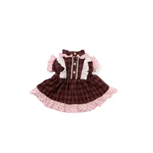 Bonito vestido de cuadros marrones para mascotas con volantes rosas y encaje perros gatos.
