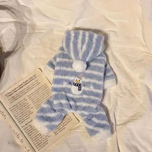 Cozy blue striped dog hoodie with cute snowman embroidery, warm four-legged fleece pet clothes.