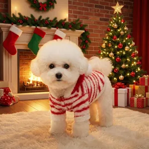 Festive red and white striped pet hoodie for small dogs and cats, cozy winter warm clothing.