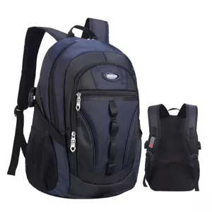 Sac à dos d'école multifonctionnel bleu foncé avec poches zippées et poches en filet.