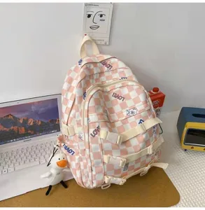 Zaino scolastico a quadretti rosa per studenti, zaino casual di grande capacità.