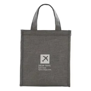 Dark grey insulated lunch tote bag with durable handles and spacious daily meal storage compartment.