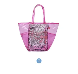 Pink transparent PVC tote bag for kids featuring cute graffiti shopping design and sturdy handles.