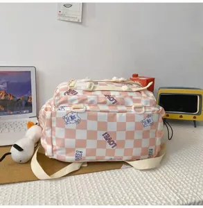 Zaino a quadri rosa grande capacità borsa da scuola per studenti stile coreano casual