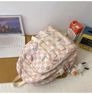 Zaino a quadri rosa per la scuola, grande borsa da viaggio casual con cinghie pratiche.