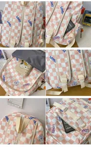 Zaino scolastico a quadretti rosa e bianco con stampe di orsetti e grande capienza.