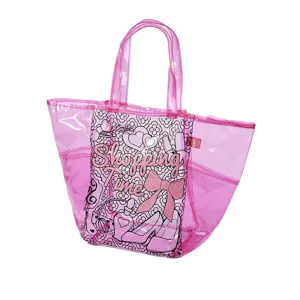 Kids clear pink tote bag with stylish graffiti prints, durable plastic shopping handbag.