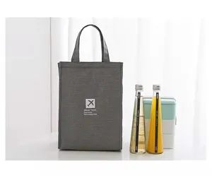 Grey insulated lunch bag detail view, portable thermal food storage tote bag for daily use.