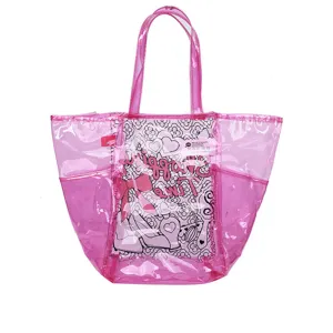 Transparent pink PVC kids doodle tote shopping bag, clear beach bag with inner cute print.