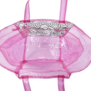Clear pink PVC kids graffiti tote shopping bag with dual straps and black white floral lining.