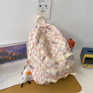 Zaino a quadri rosa e bianco grande capacità borsa scolastica con simpatico ciondolo