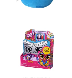Kids DIY coloring plush owl pillow set with 5 permanent markers for creative play.
