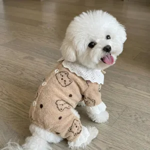 Cozy fleece pet jumpsuit with cute bear print, white lace collar, warm dog winter apparel.