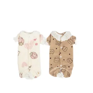 Cute winter pet fleece four-legged clothes with lace collar, warm puppy apparel set.