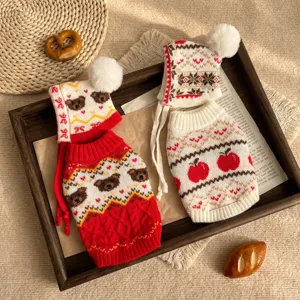 Cute knit dog winter sweater with hat cozy bear apple pattern warm pet apparel for small dogs