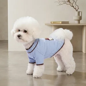 Gemütlicher hellblauer Strick-Haustierpullover mit braunem Rand für kleine Hunde.