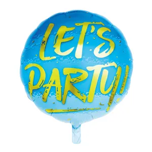 Blue 18-inch round helium foil balloon with yellow Let's Party party text print.