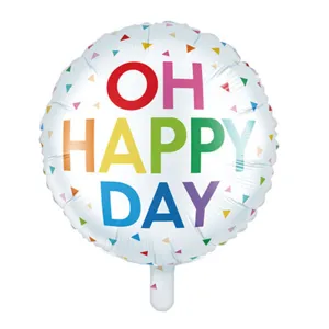 Detailed view of 18 inch round aluminum foil balloon with colorful OH HAPPY DAY printing